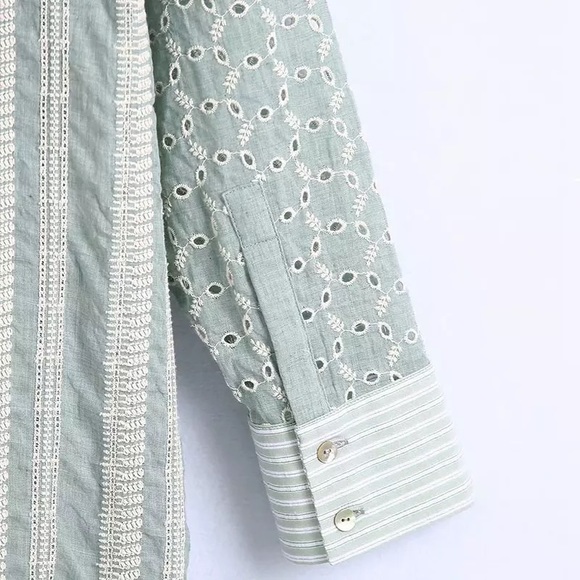 Sage Floral Embroidery Shirt Dress In A Vintage Boho Style With Long Sleeces - Picture 5 of 6